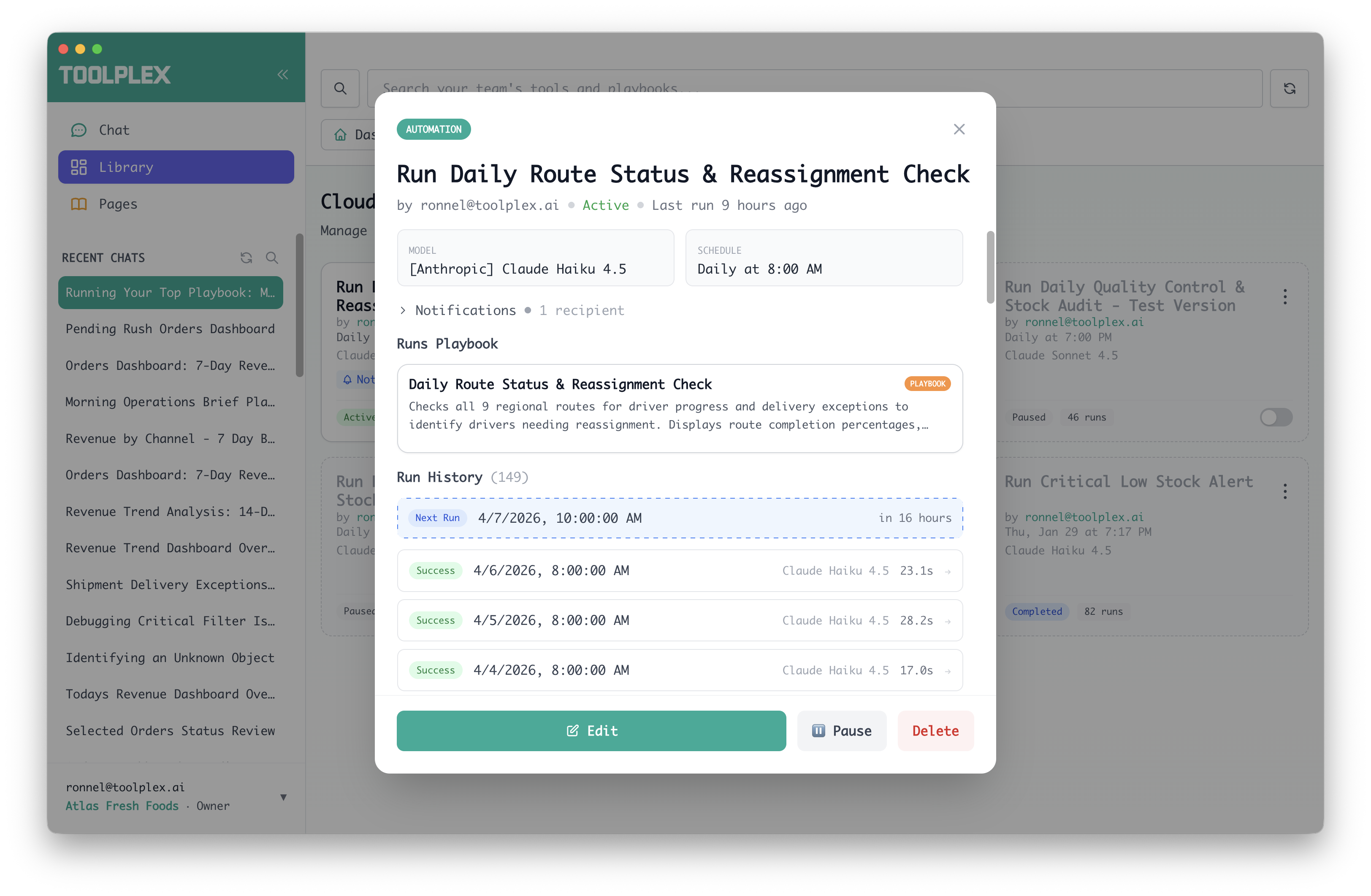 Automation detail view showing schedule, linked playbook, and run history