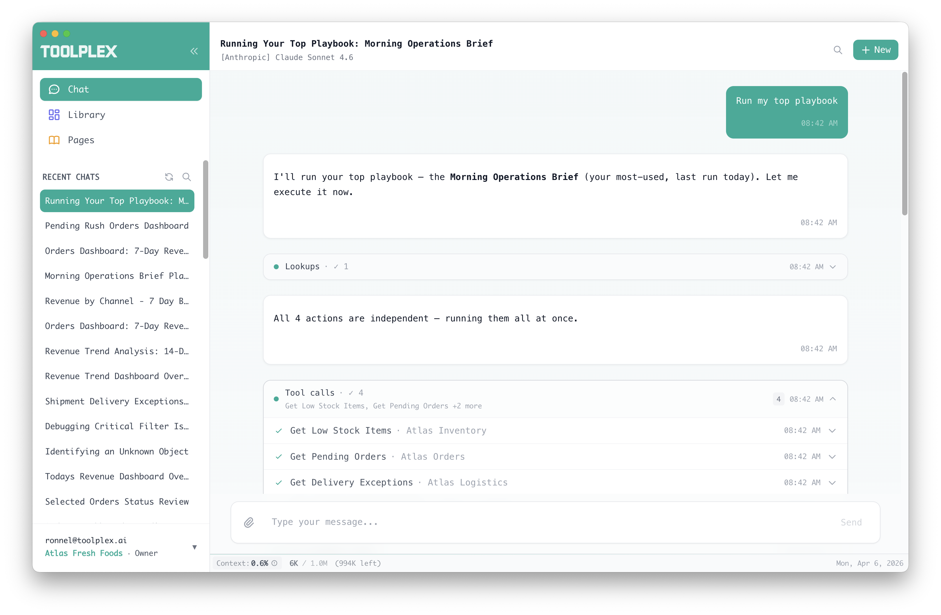 Chat interface showing an AI agent executing tools with results inline