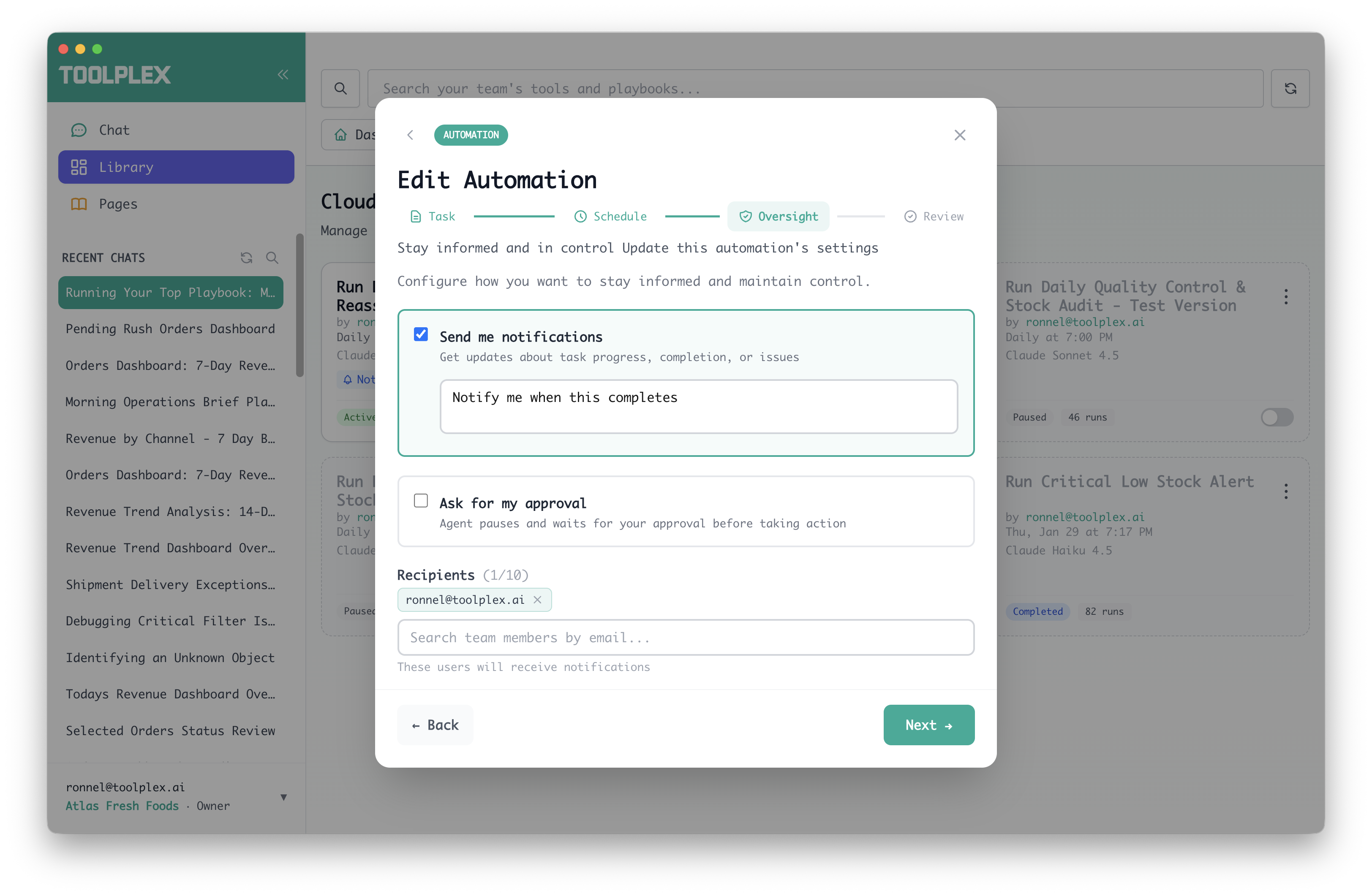 Human-in-the-loop approval flow showing notification and confirmation controls