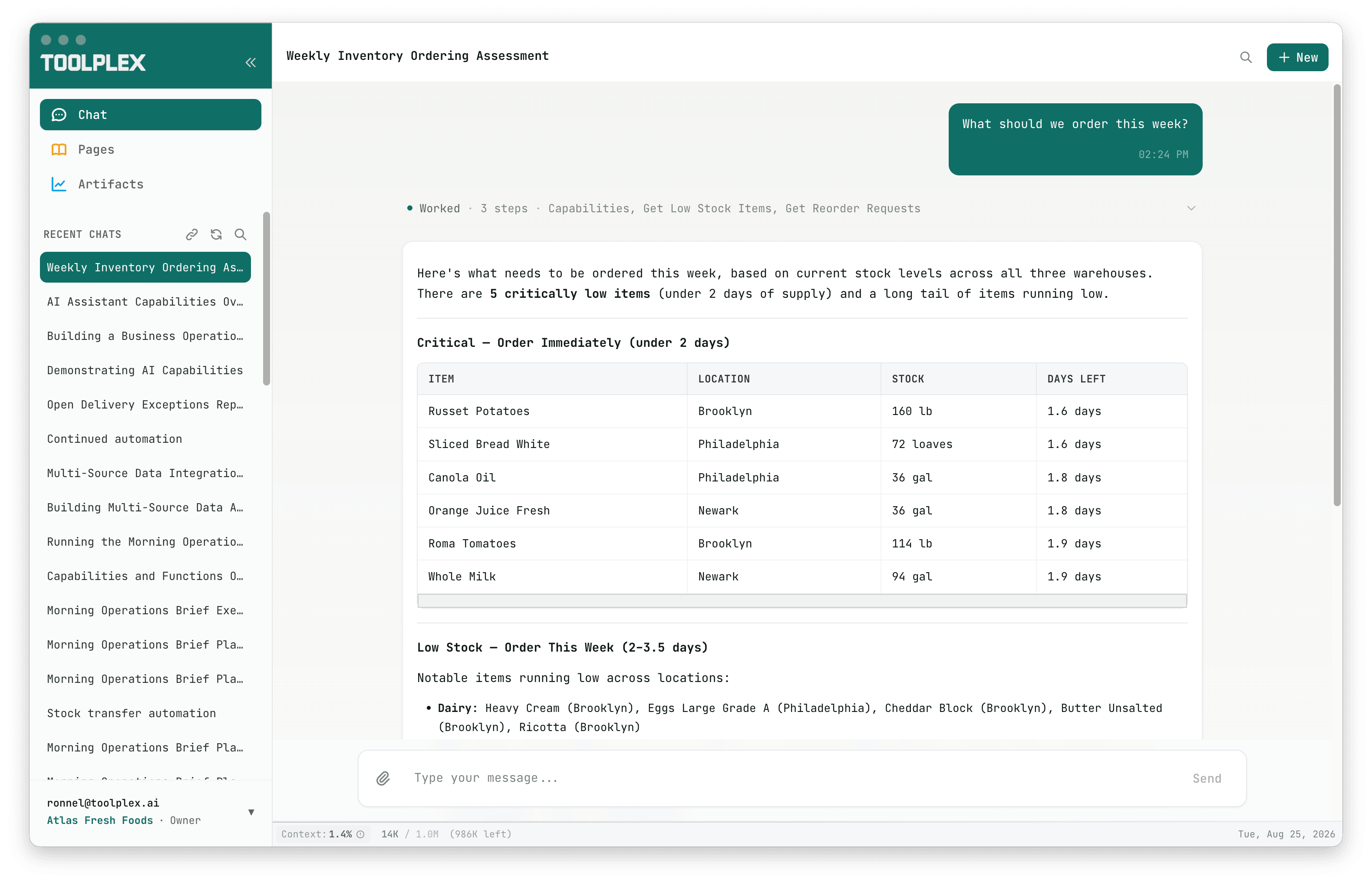 ToolPlex ordering assistant identifying products that need to be ordered this week
