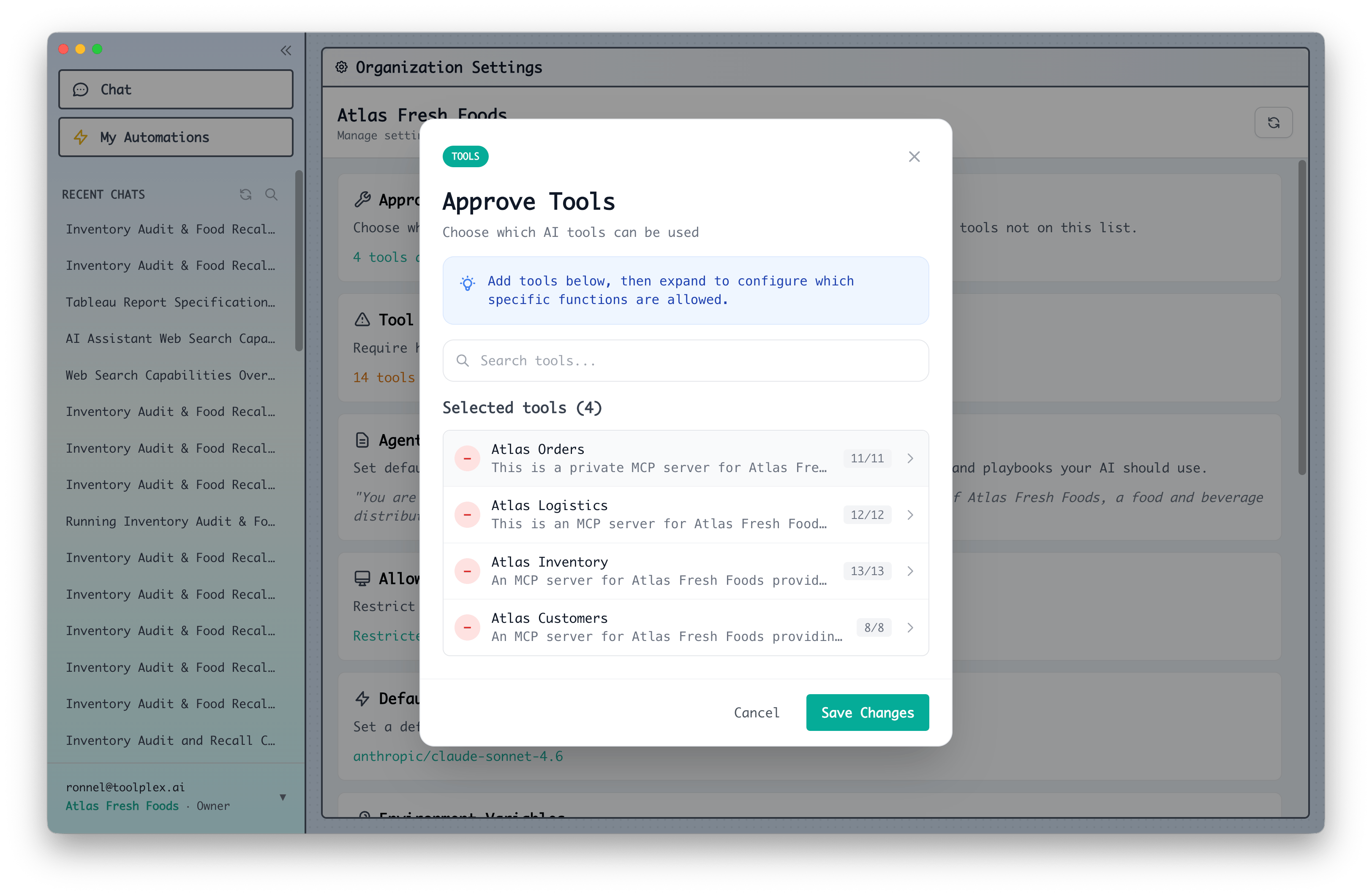 Organization settings showing the Approve Tools panel with selected tools and function counts