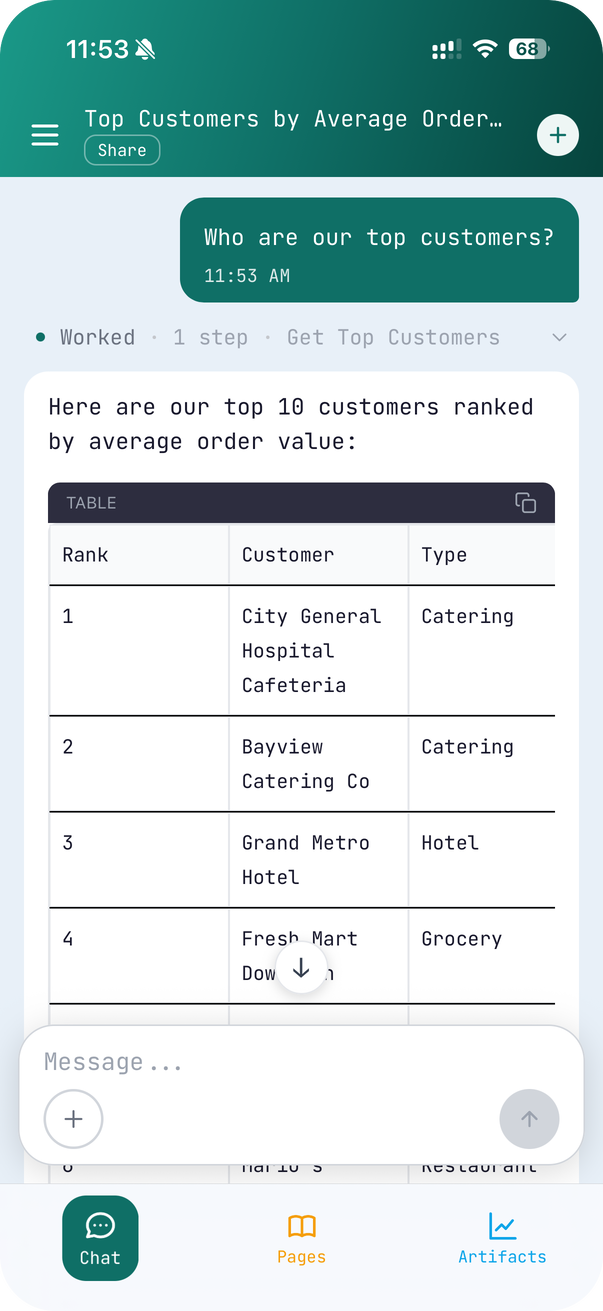 ToolPlex on iPhone answering a question about top customers from live company data